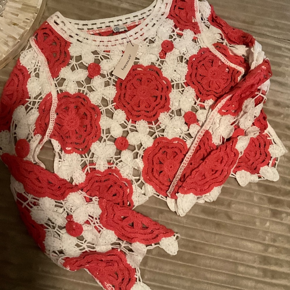 Francesca’s  Pink and White Crochet Lace Sweater NWT